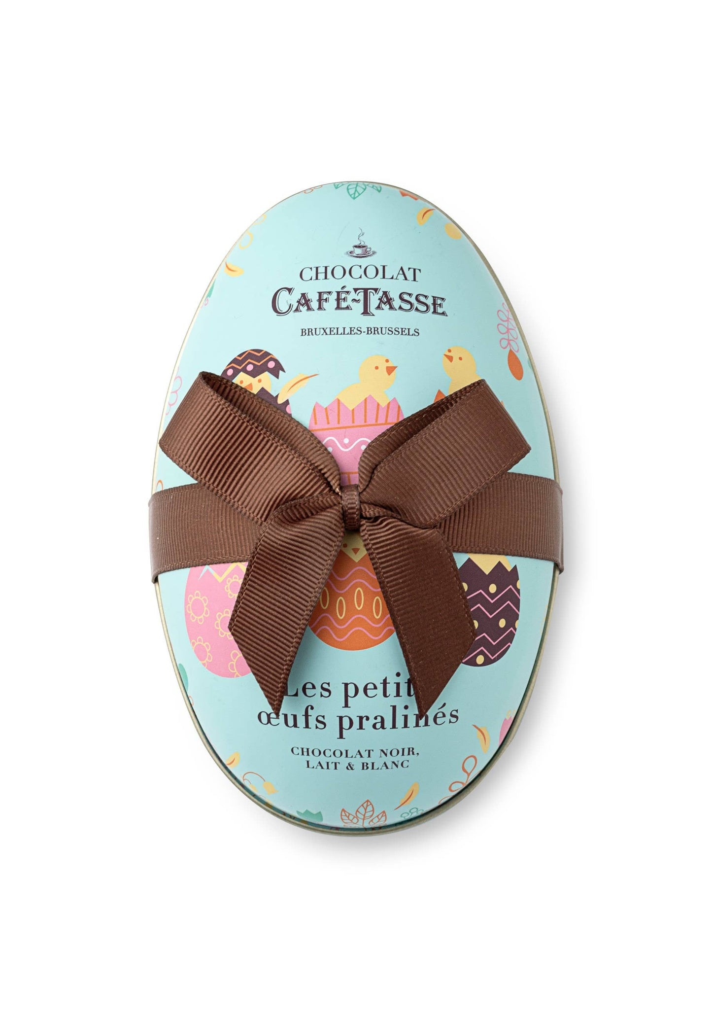 Metal egg, 12 assorted praline chocolate eggs