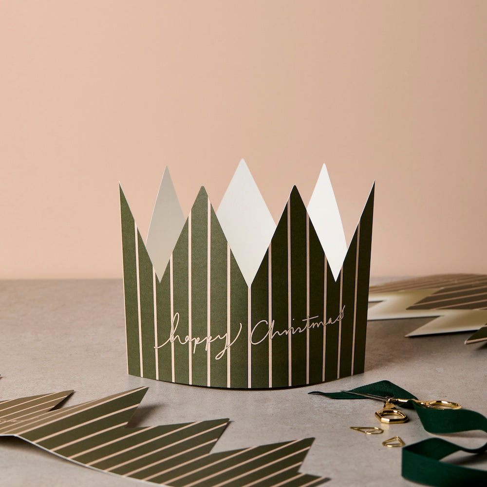 GREEN STRIPE PAPER CROWN CHRISTMAS CARD