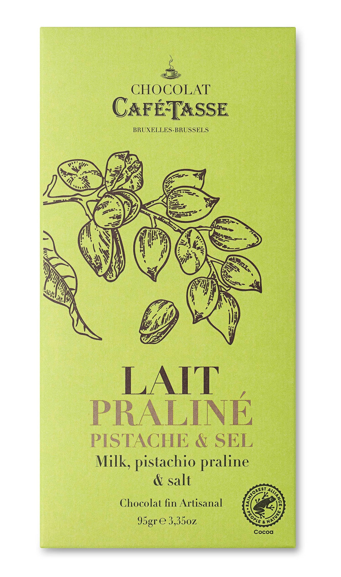 Cafe-Tasse Chocolate Bar 85g Milk chocolate with praline pistachio, salt + puffed rice