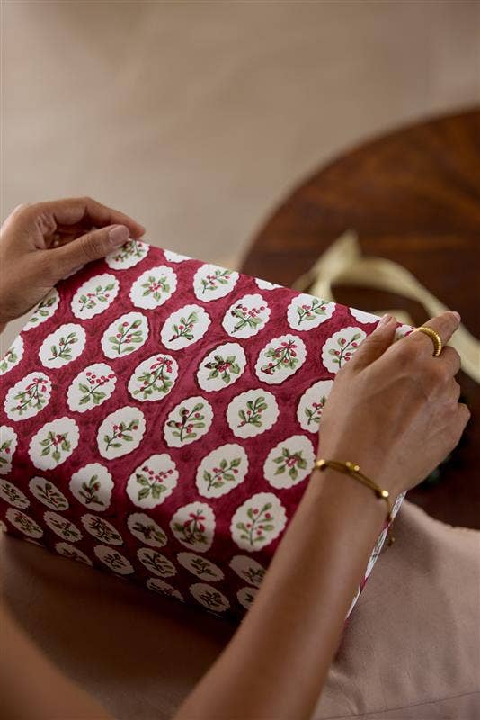 Block Printed Wrapping Paper Sheets - Scallop Tiles Christmas Pudding