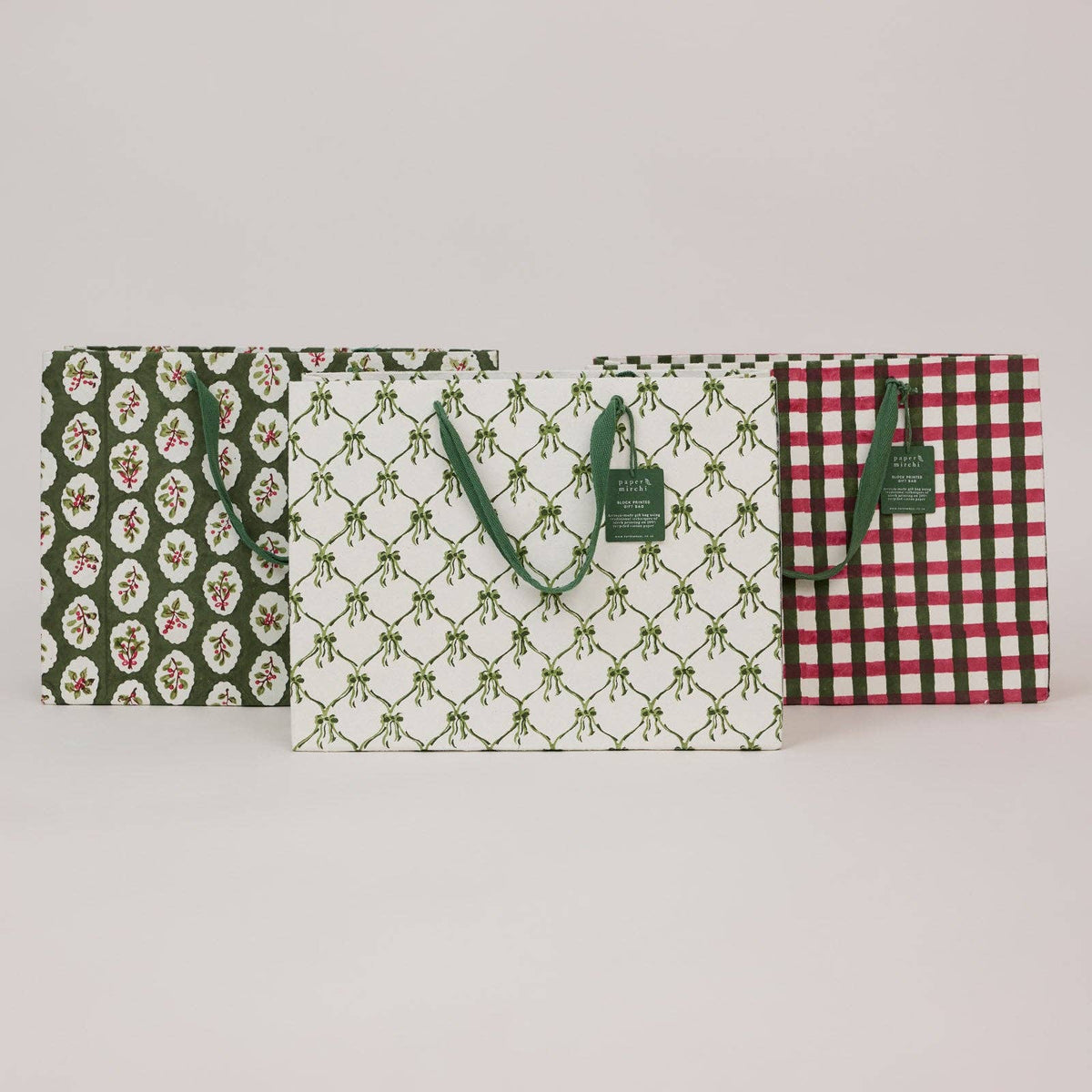 Block Printed Gift Bags (Large) - Holly Green