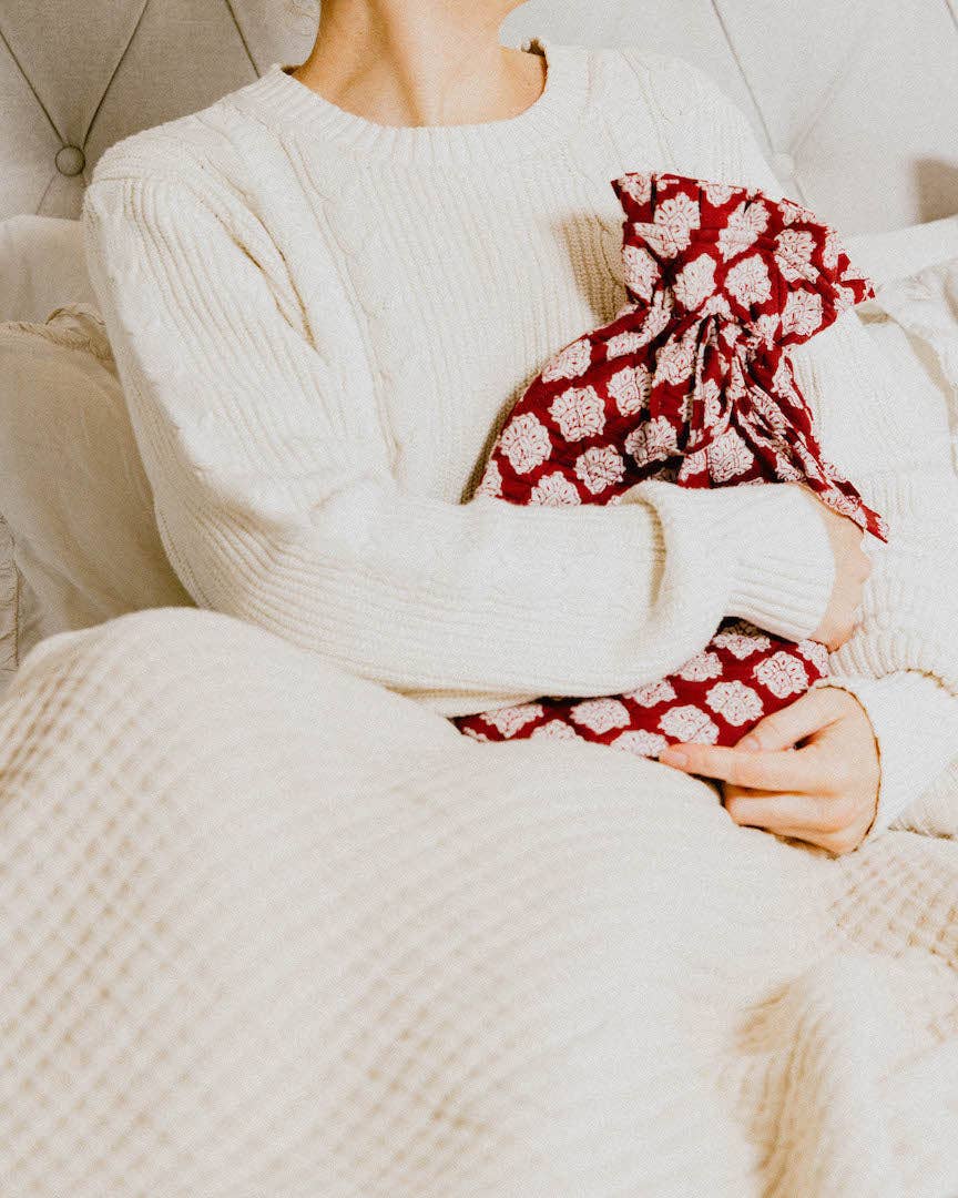 Quilted Block Printed Hot Water Bottle Covers / Burgundy
