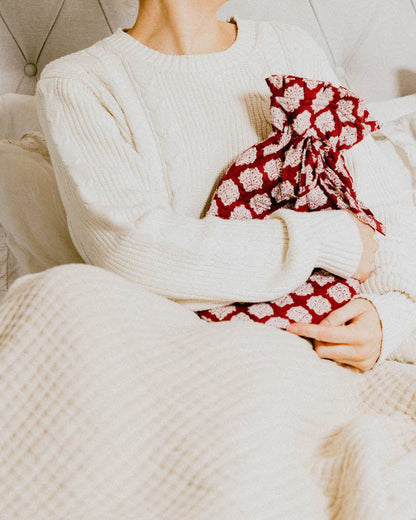 Quilted Block Printed Hot Water Bottle Covers / Burgundy