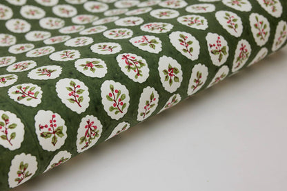 Block Printed Wrapping Paper Sheets - Scallop Tiles Holly Green