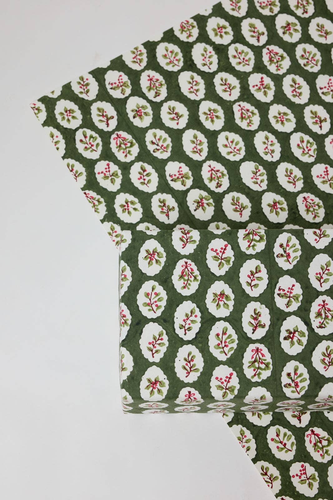 Block Printed Wrapping Paper Sheets - Scallop Tiles Holly Green
