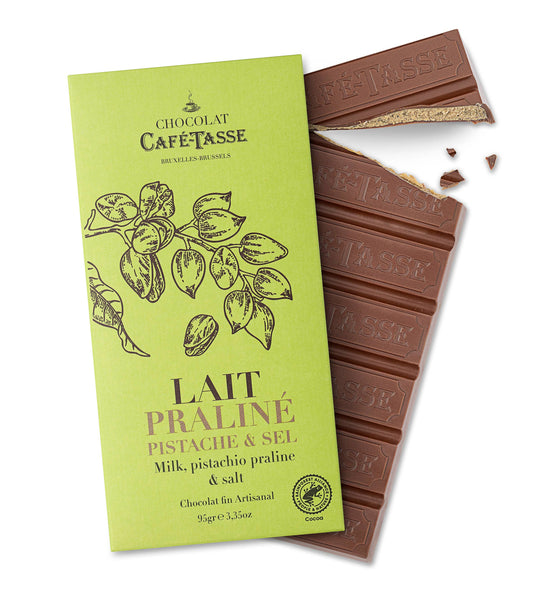 Cafe-Tasse Chocolate Bar 85g Milk chocolate with praline pistachio, salt + puffed rice