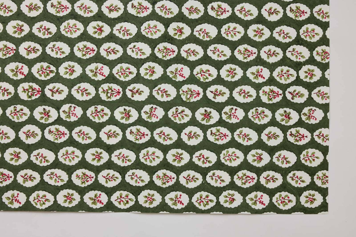 Block Printed Wrapping Paper Sheets - Scallop Tiles Holly Green