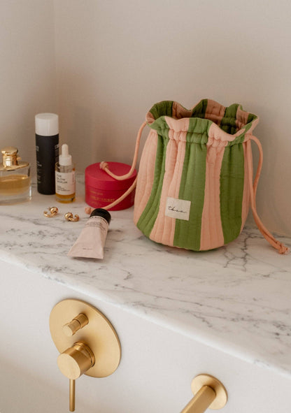 Cotton Wash Bag in Green Stripe