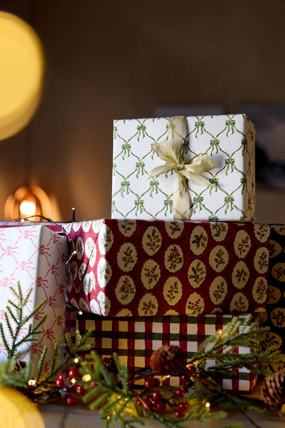 Block Printed Wrapping Paper Sheets - Scallop Tiles Christmas Pudding