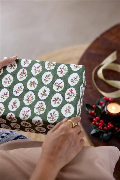 Block Printed Wrapping Paper Sheets - Scallop Tiles Holly Green