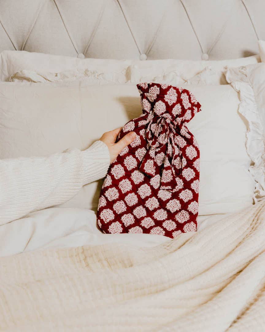 Quilted Block Printed Hot Water Bottle Covers / Burgundy
