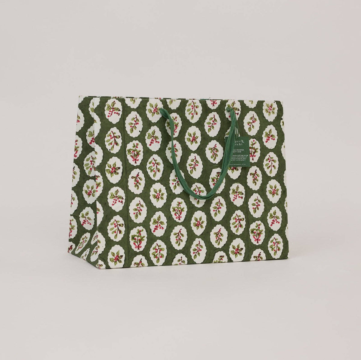 Block Printed Gift Bags (Large) - Holly Green
