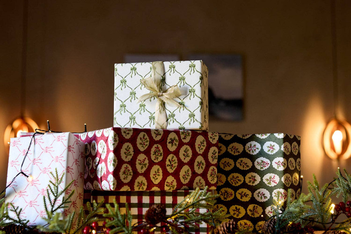 Block Printed Wrapping Paper Sheets - Scallop Tiles Holly Green