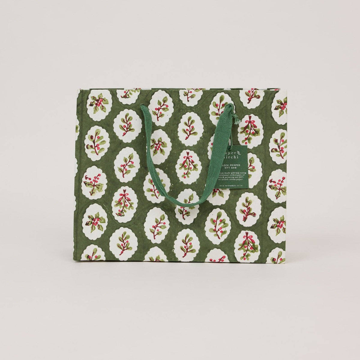 Block Printed Gift Bags (Medium) - Holly Green