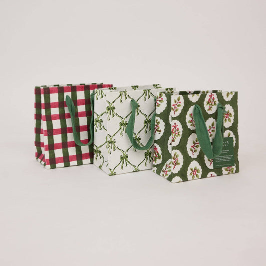 Block Printed Gift Bags (Small) - Holly Green