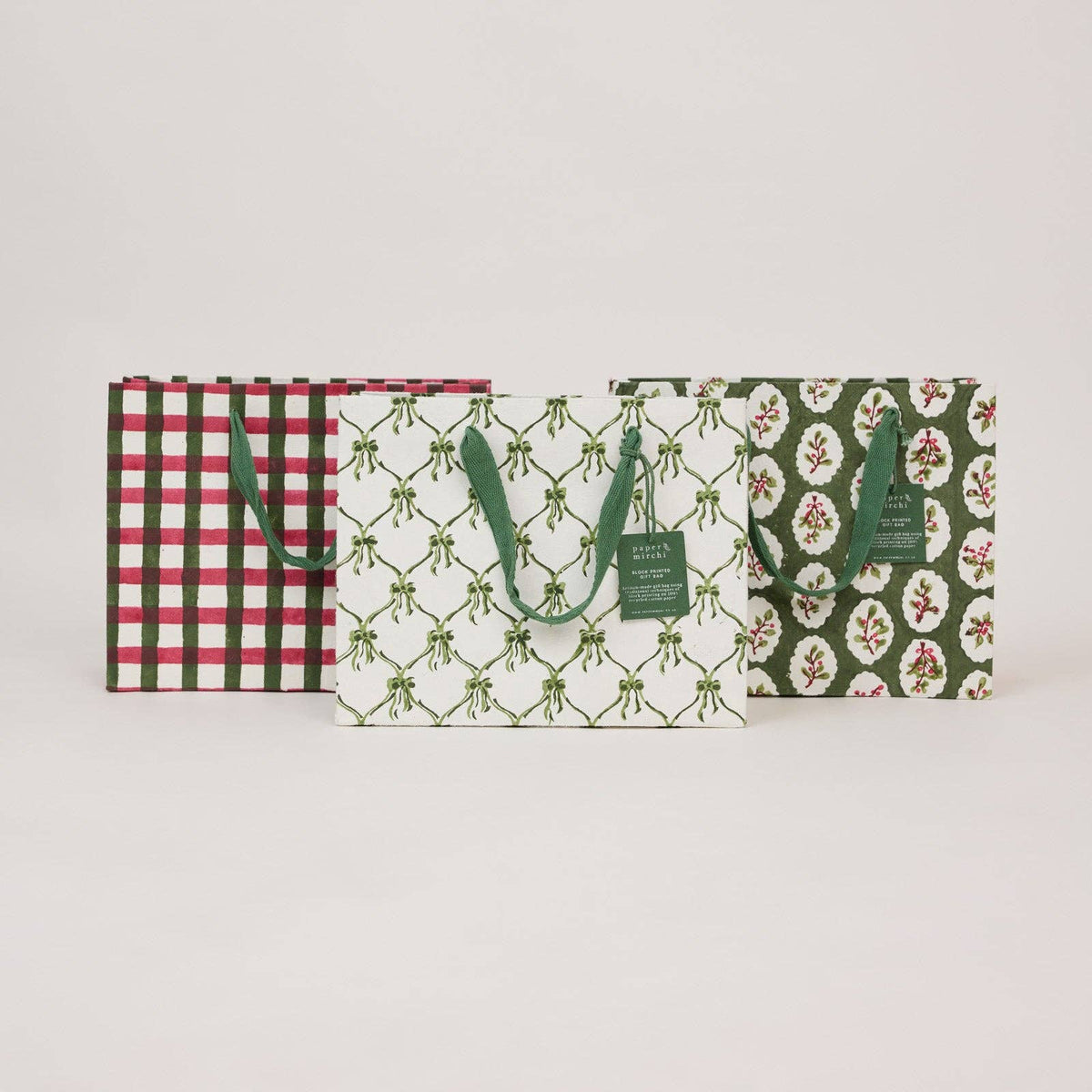 Block Printed Gift Bags (Medium) - Holly Green