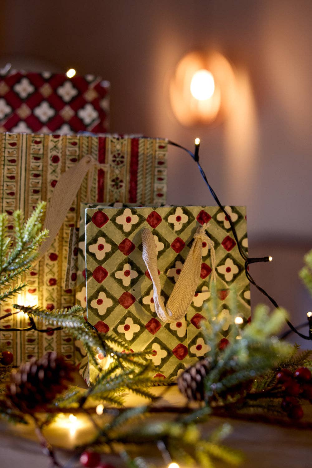 Block Printed Gift Bags (Small) - Traditional Christmas