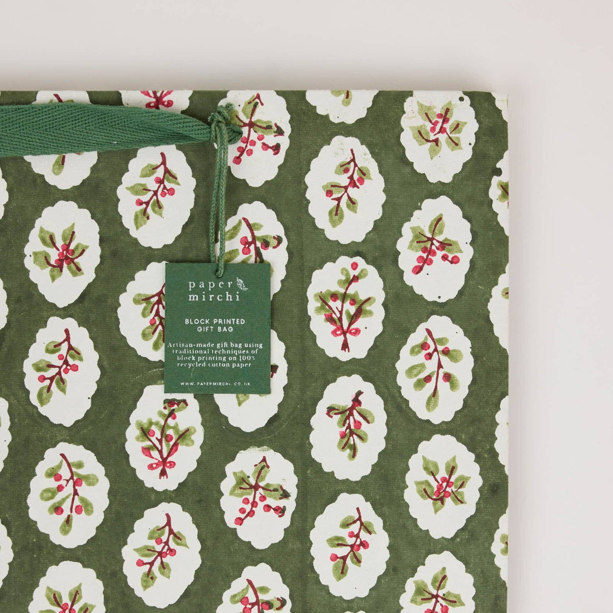 Block Printed Gift Bags (Large) - Holly Green