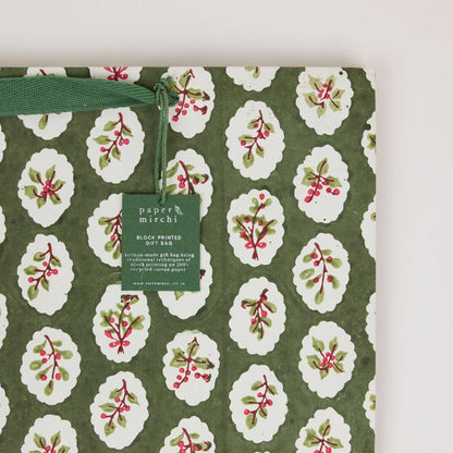 Block Printed Gift Bags (Large) - Holly Green