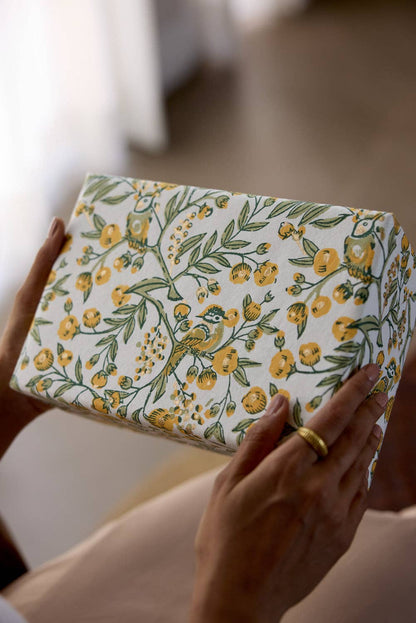 Block Printed Wrapping Paper Sheets - BP Song Birds Sunshine