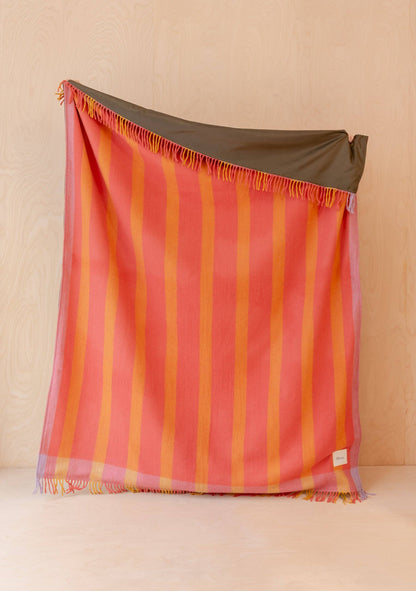 Recycled Wool Picnic Blanket in Orange Frame Stripe with Tan Leather Straps