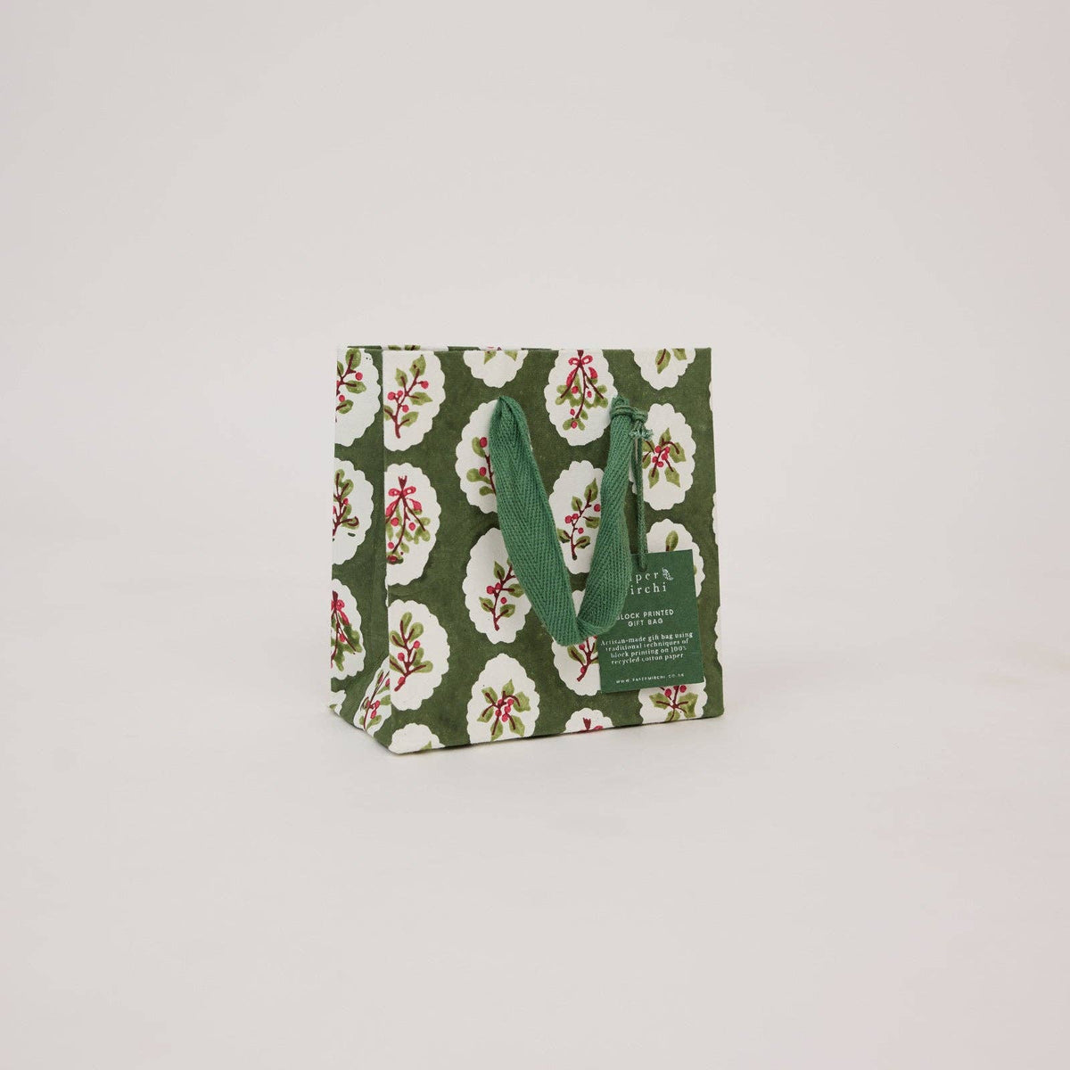 Block Printed Gift Bags (Small) - Holly Green