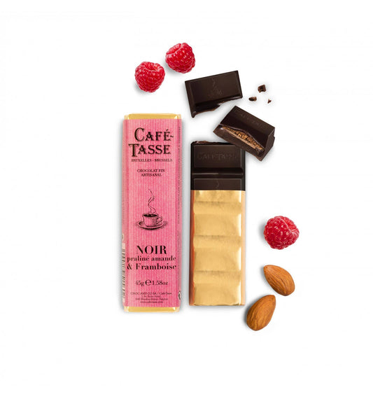 Cafe Tasse Chocolate bar 45g - 
Noir Praline almond & raspberry