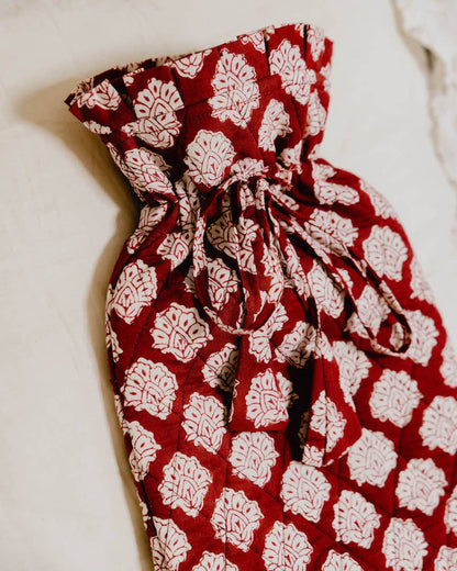 Quilted Block Printed Hot Water Bottle Covers / Burgundy