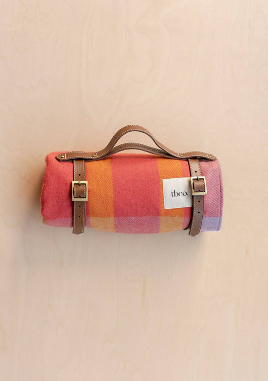 Recycled Wool Picnic Blanket in Orange Frame Stripe with Tan Leather Straps