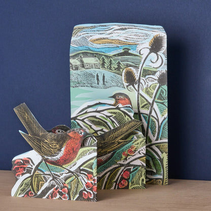 Robins and Teasels Die-Cut Greetings Card