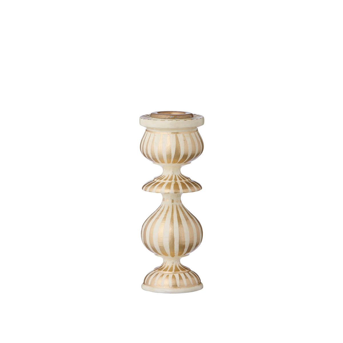 Candle Holder Stripes H15cm Cream/Gold