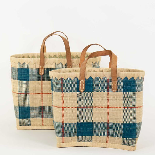 Raffia Blue Checked Bag -  Small