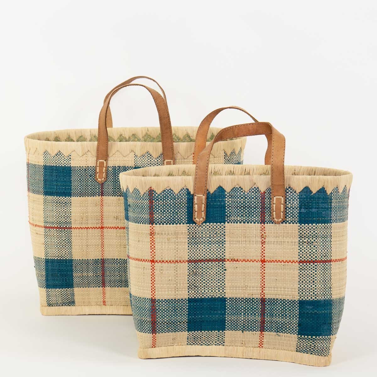 Raffia Blue Checked Bag -  Large