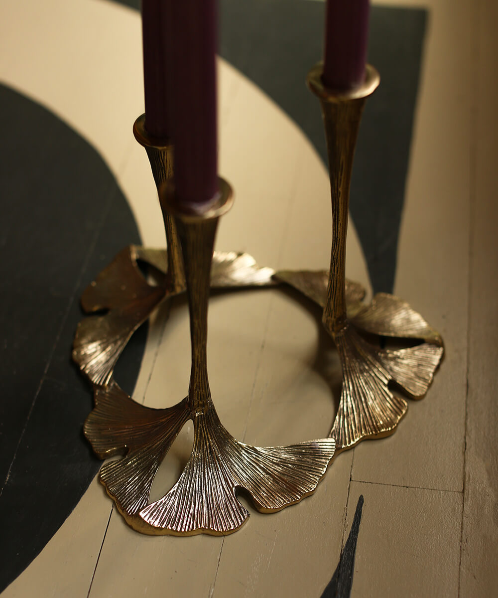 Brass Ginko Leaf Triple Candle Holder