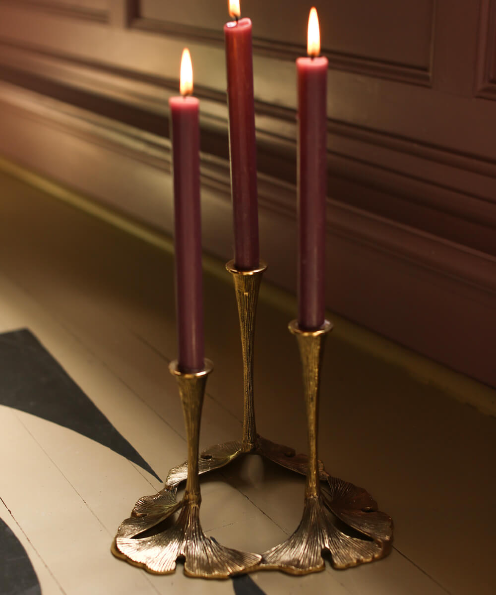 Brass Ginko Leaf Triple Candle Holder