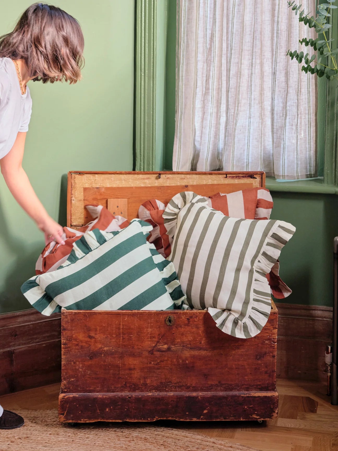 Amuse la Bouche Olive & Ivory Thin Stripe Cushion