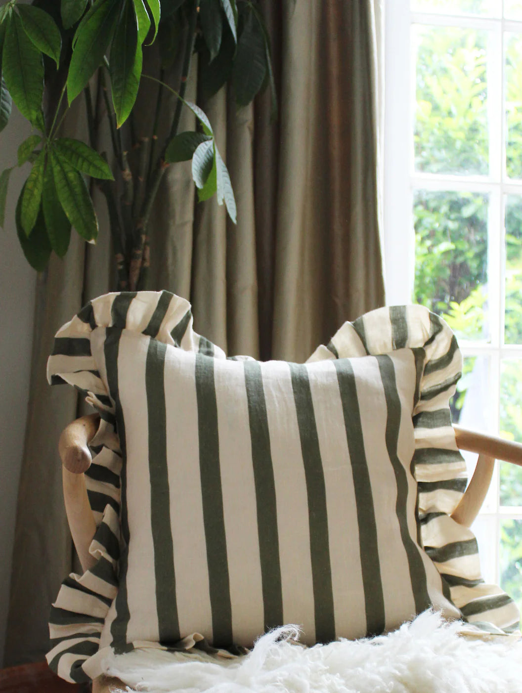 Amuse la Bouche Olive & Ivory Thin Stripe Cushion