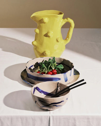 Deep round serving plate beige - blue Sophia