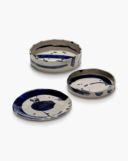 Deep round serving plate beige - blue Sophia