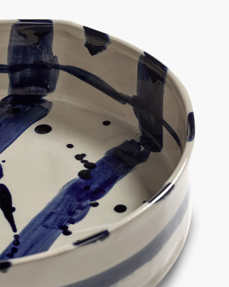 Deep round serving plate beige - blue Sophia