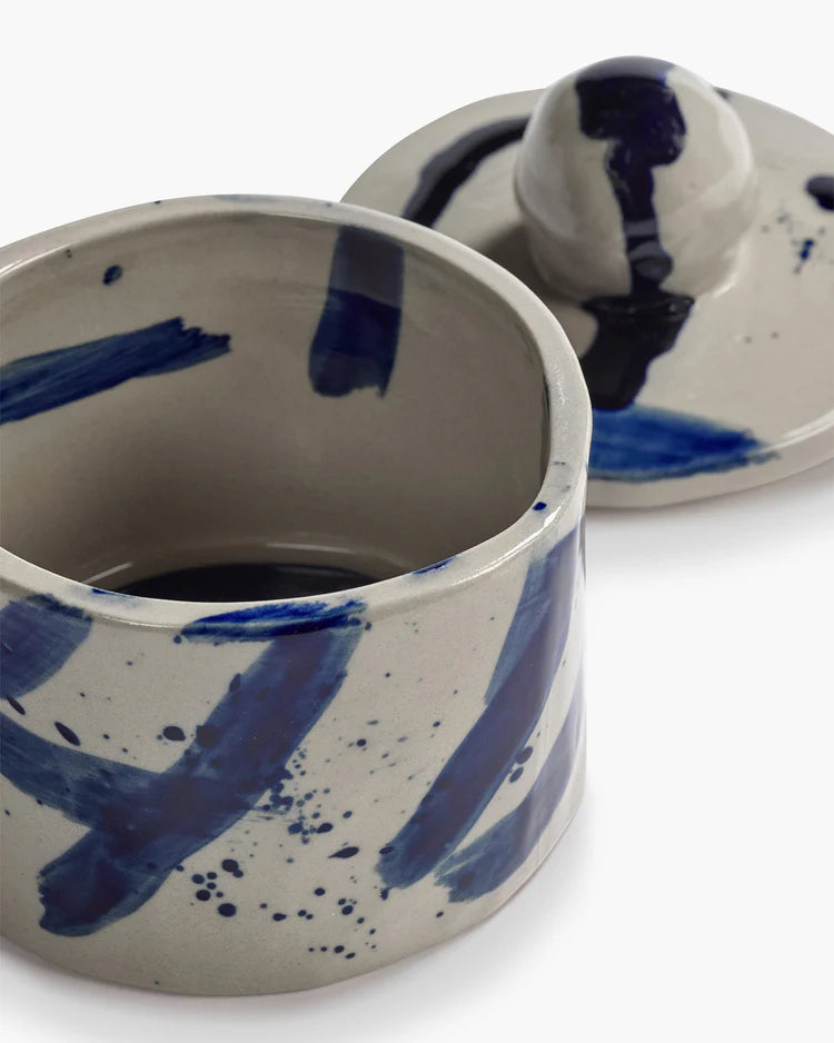 Lidded ceramic pot 01 beige - blue Sophia