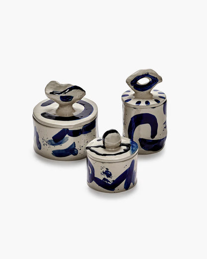Lidded ceramic pot 03 beige - blue Sophia