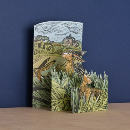 Hares & Open Fields die-cut card by Angela Harding