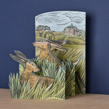 Hares & Open Fields die-cut card by Angela Harding