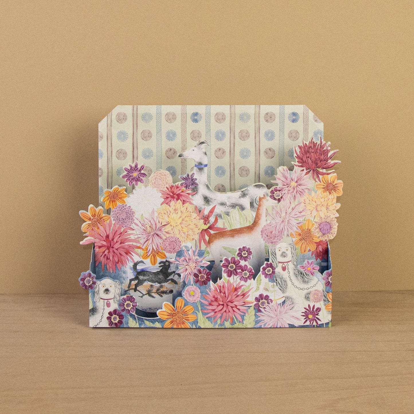 Dahlias and Dogs die-cut card by Angie Lewin