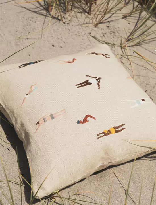 Swimmers Embroidered Cushion - Natural
