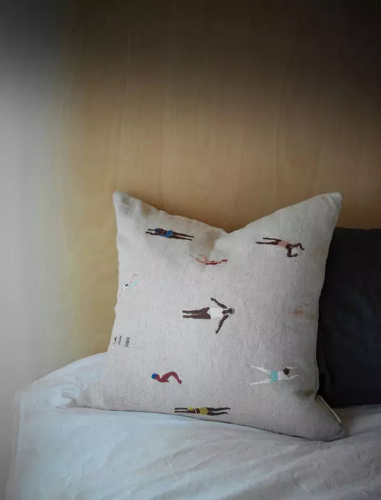 Swimmers Embroidered Cushion - Natural