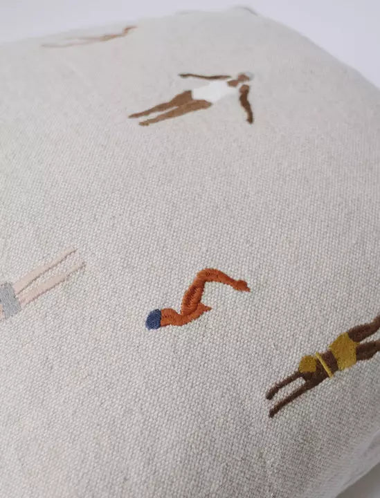 Swimmers Embroidered Cushion - Natural