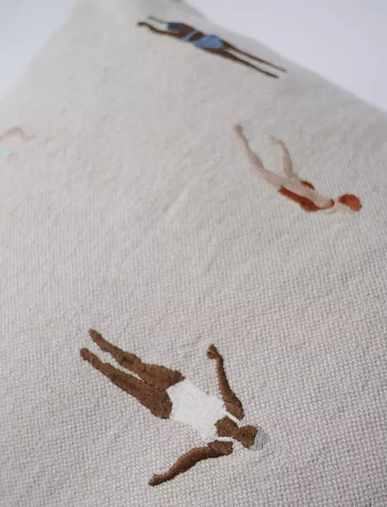 Swimmers Embroidered Cushion - Natural