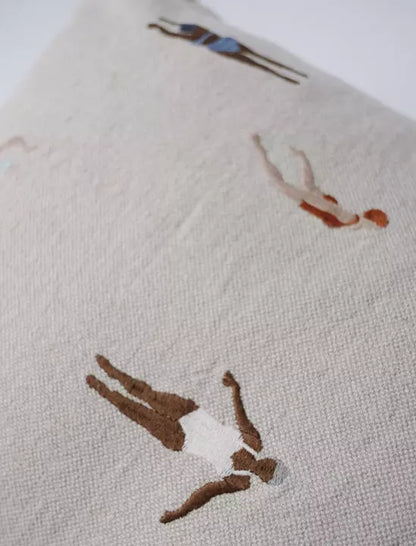 Swimmers Embroidered Cushion - Natural